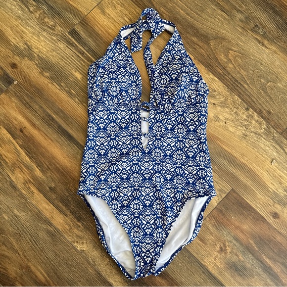 Lauren Ralph Lauren Plunge Neck Halter Ocean Blue 1 Piece Swimsuit Size 10 - Picture 1 of 5